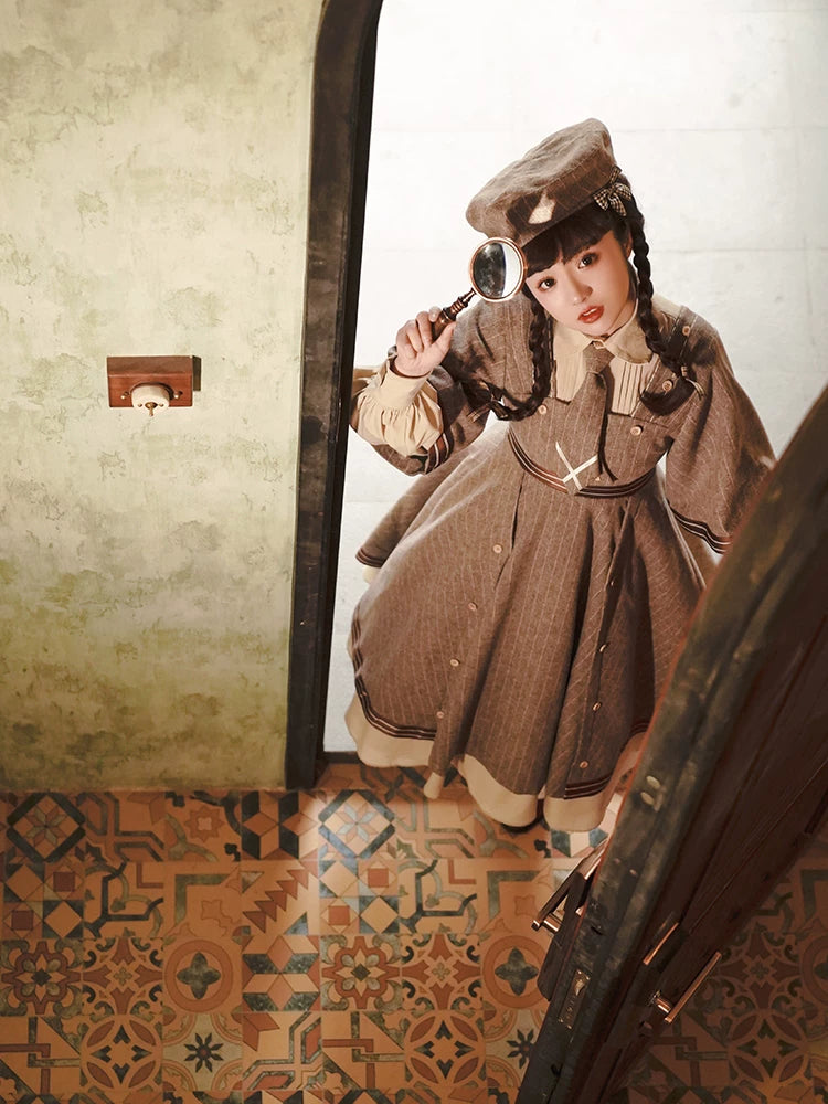 Full view of the classic Lolita detective-themed wool OP with matching cap and tie