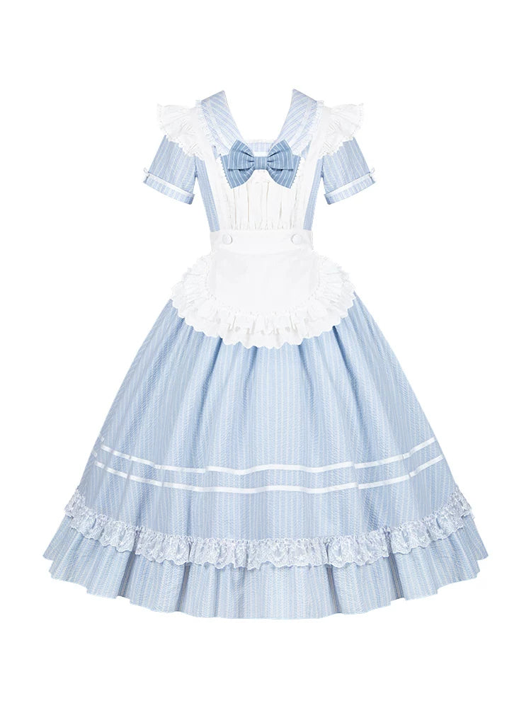With PUJI - Seven-Day Bell - Blue Classic Lolita Striped OP Dress, Sailor Collar detail view 5