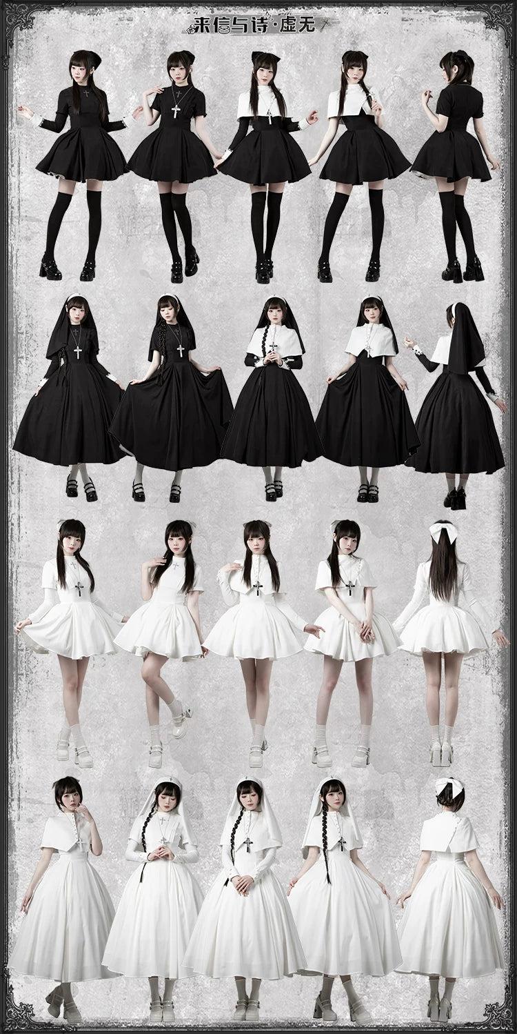 With PUJI - Nihil - Gothic Nun Lolita OP Dress, Irregular Hem Cape detail view 6