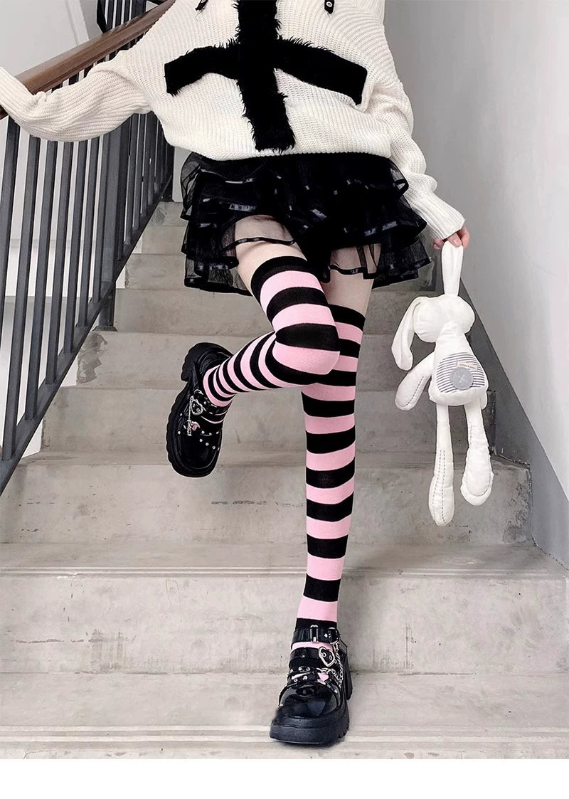Floral Milk Cat - Graphic Stripe - Over-the-Knee Striped Socks