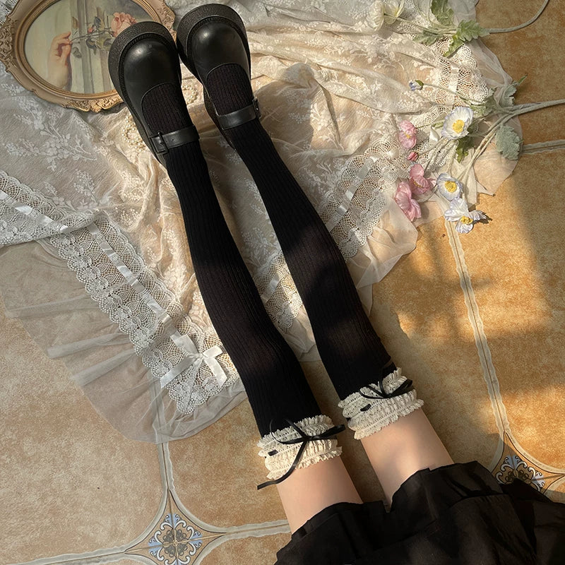 Sock Noble - Winter Lace Bow - Thigh-high socks with wide lace trim and ribbon ties