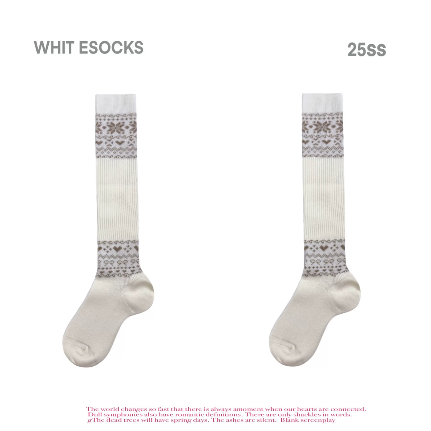 White Socks - Nordic Gray - Mid-Calf Slouch Socks with Fair Isle-Style Bands
