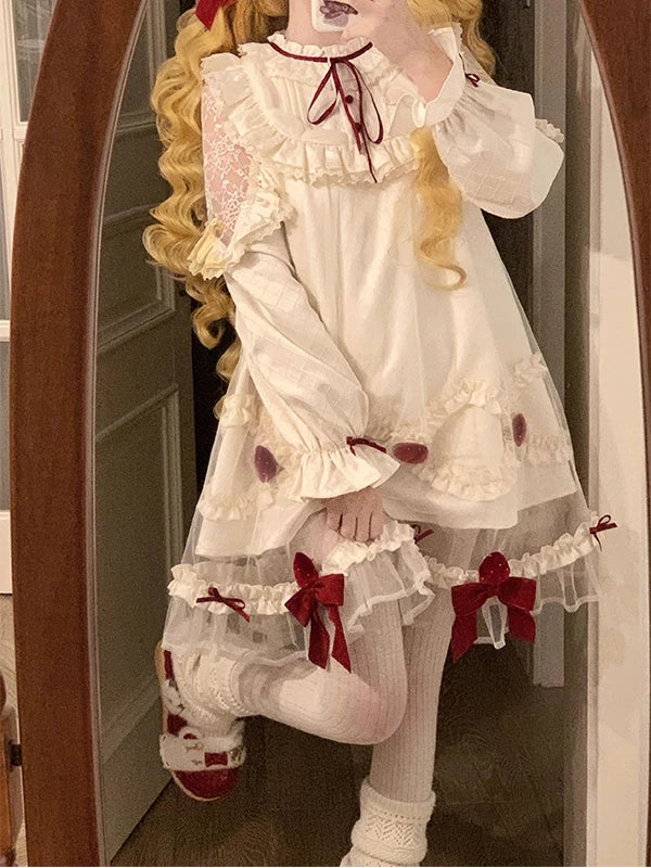 Creamy - Strawberry Cream Cake - Long-Sleeved One-Piece Dress with Strawberry Appliqués