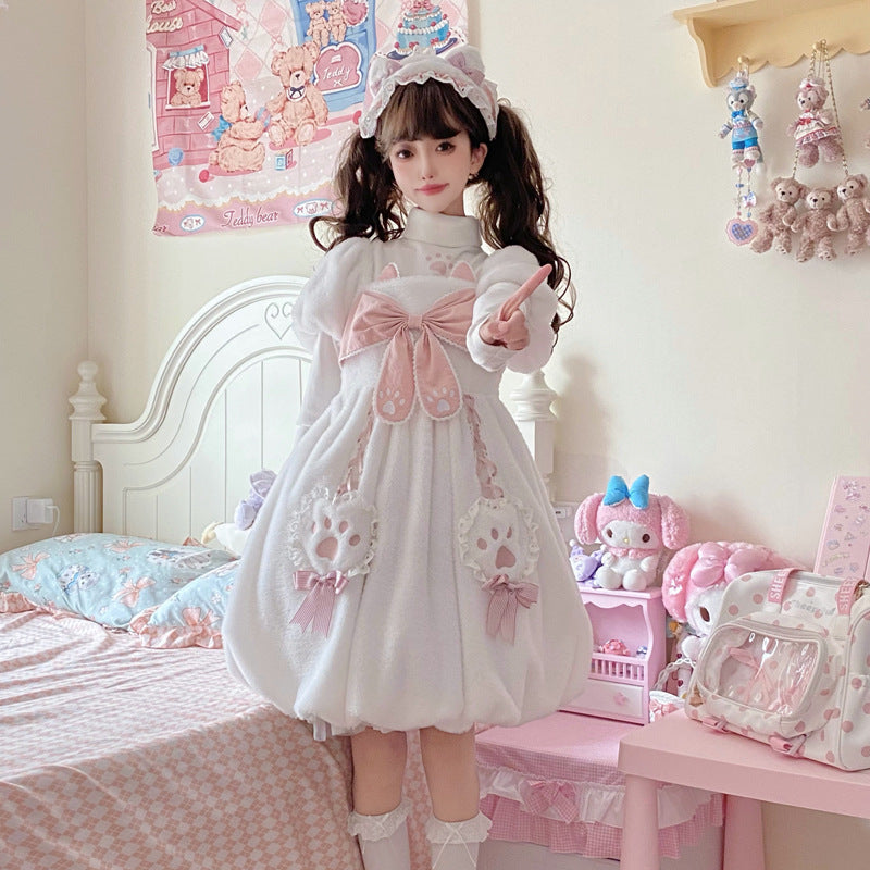 Eieyomi - Cat Planet - White-and-pink Lolita OP dress with cat-claw bows - product detail 3