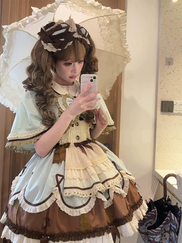 Creamy - Mint Chocolate - Mint JSK Set with a Tiered Skirt, Inner Layer and Cape