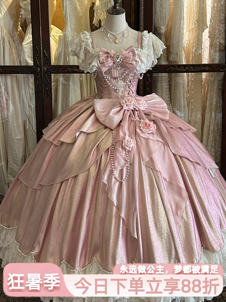 Flora Muse pink lolita ball gown with off-shoulder lace sleeves and pearl embellishments on a mannequin
