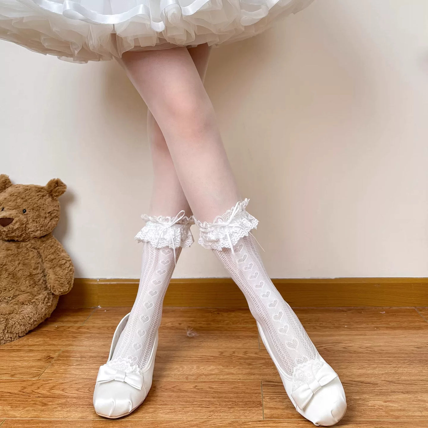 Chubby Bear Tales - Edith - Openwork Mid-Calf Socks with Lace Cuffs and Bows