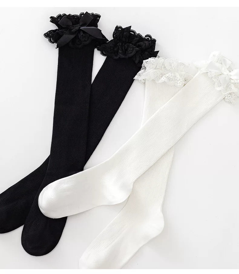 Milky Star Qiaoqiao - Lace Bow - Cotton Mid-Calf Socks with Lace Cuffs