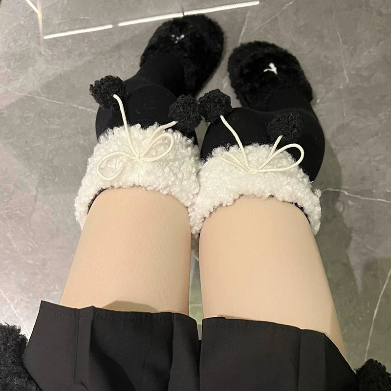 Floral Milk Cat - Milky Pom-Pom - Over-the-Knee Socks with Fleece Trim