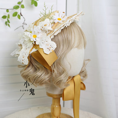 Xiaogui - Flower Lolita Tea Party Straw Hat Suitable for both adults and children (with clips) ginger yellow