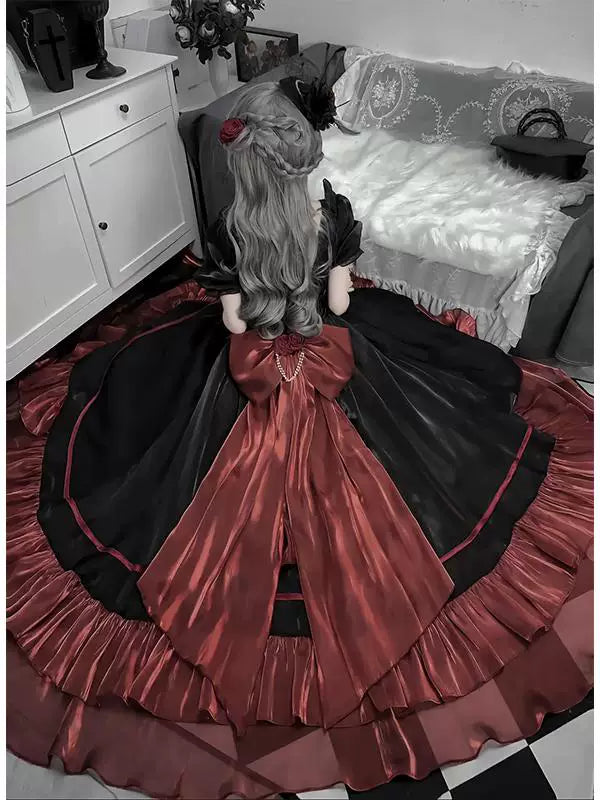 Creamy - Crimson Bride - Black-and-red OP dress with layered red ruffles