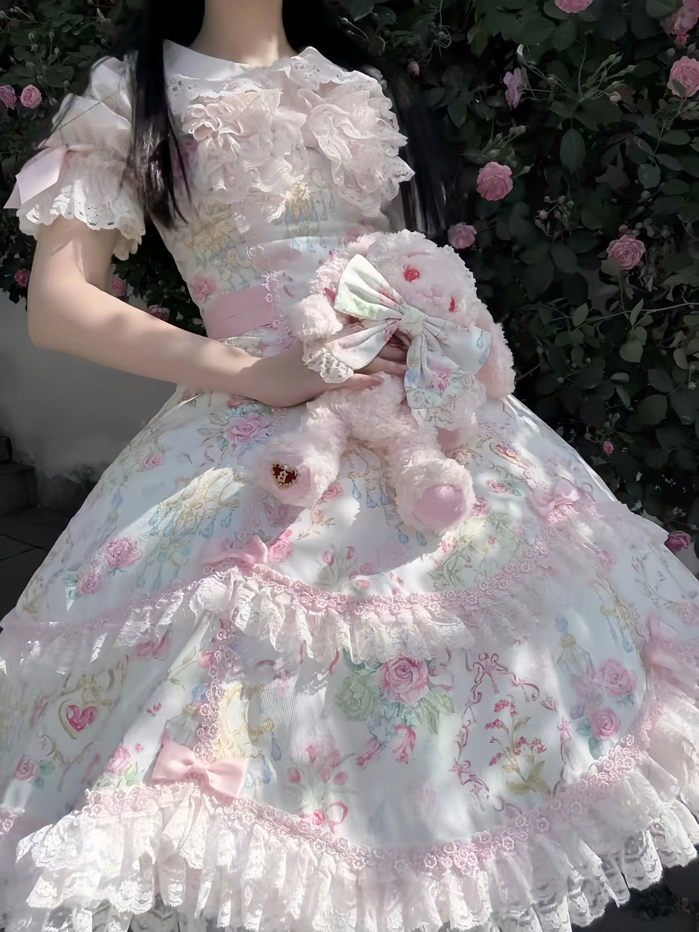 Tata Long Ear 2025 Spring Vintage Floral Lolita JSK dress detail view showing pink lace trim and ribbon bow accents