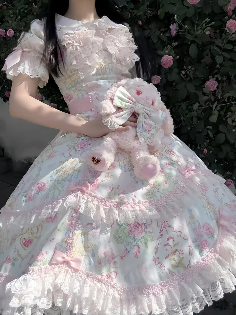 Tata Long Ear 2025 Spring Vintage Floral Lolita JSK dress detail view showing pink lace trim and ribbon bow accents