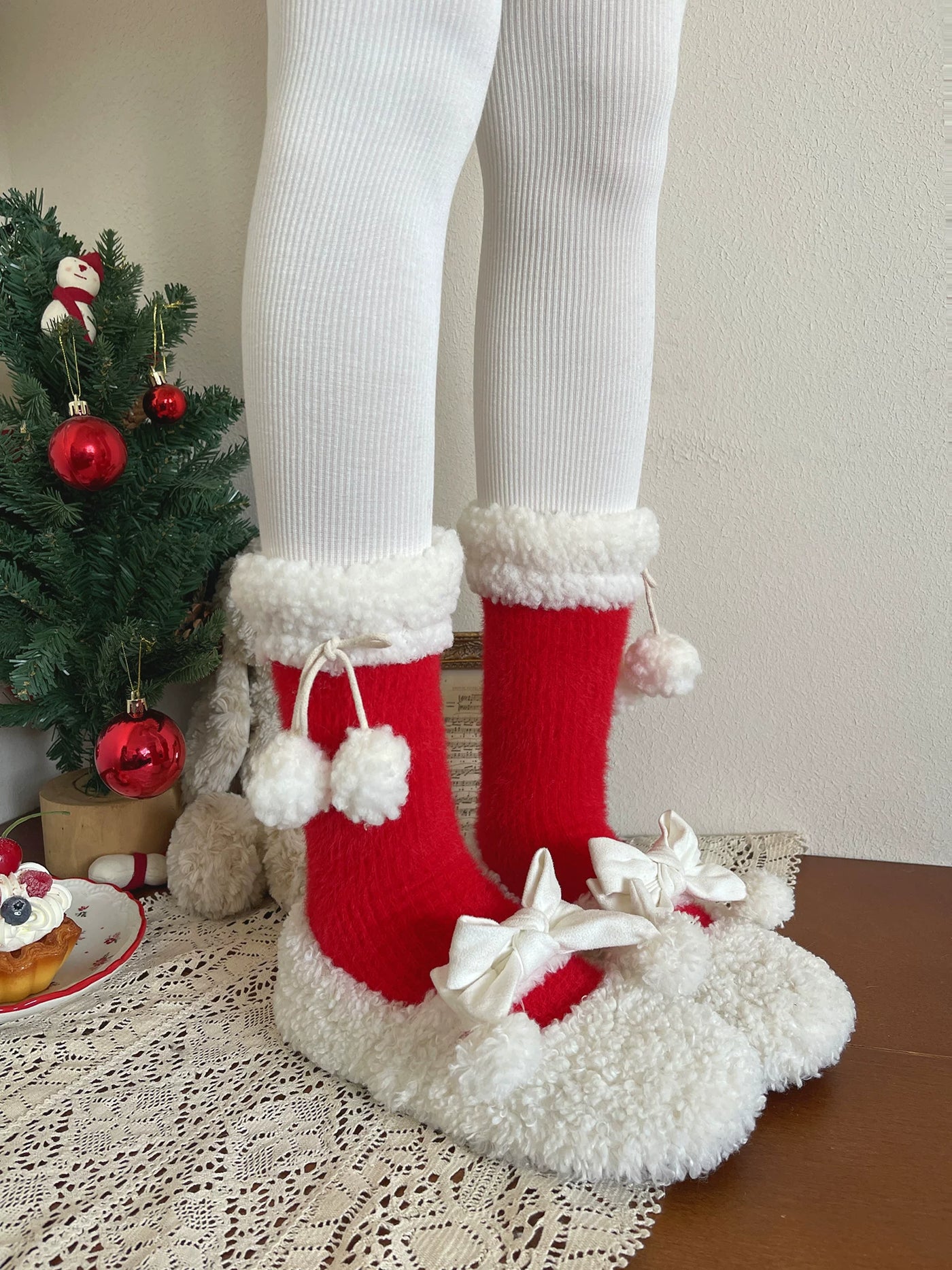 Sock Noble - Winter Pom-Pom - Plush-Trim Slouch Socks with Pom-Pom Ties