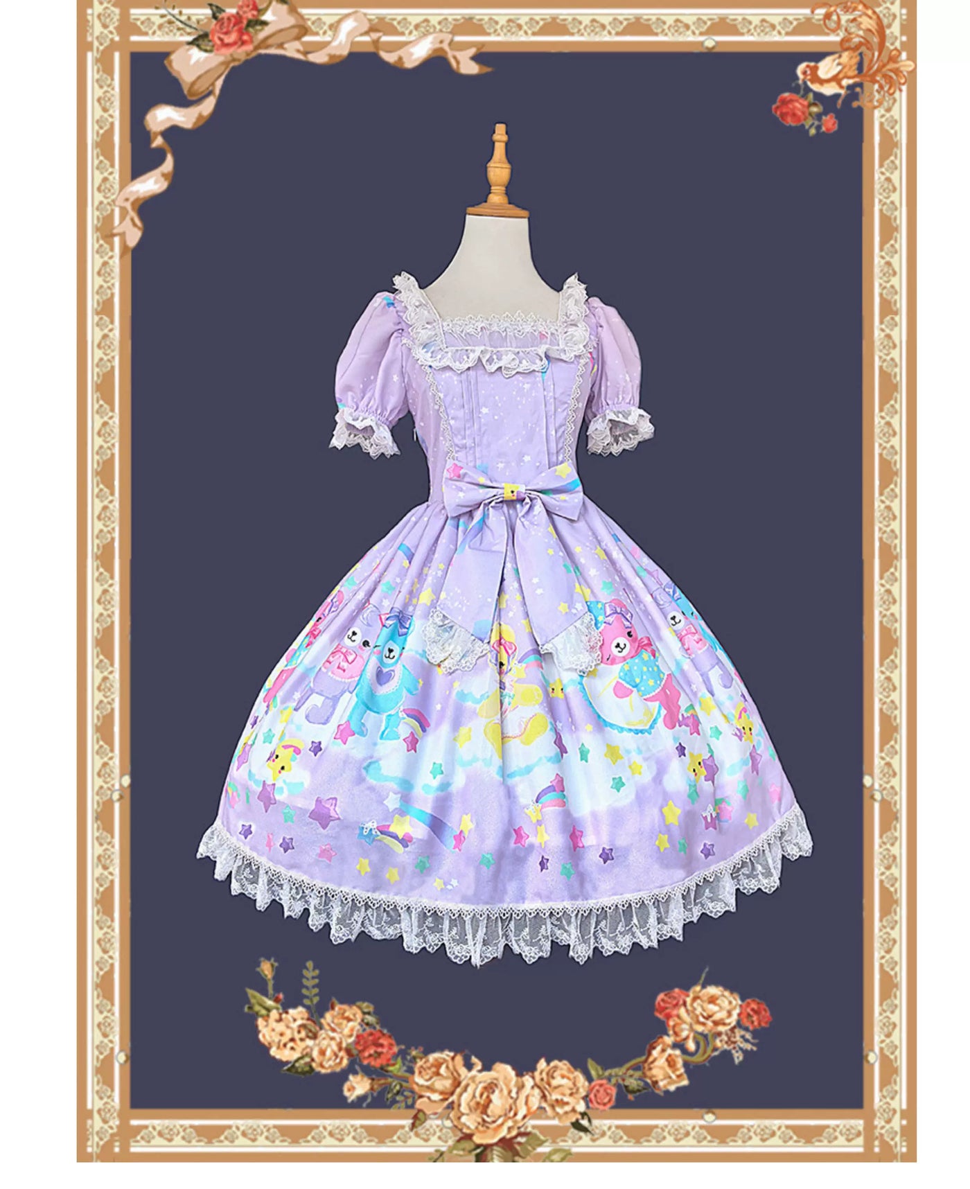 Sleepy Bear - Kawaii Lolita Bear and Star Printed Dress Light Purple OP Only S Pre-order