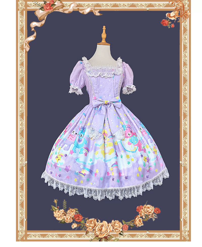 Sleepy Bear - Kawaii Lolita Bear and Star Printed Dress Light Purple OP Only S Pre-order