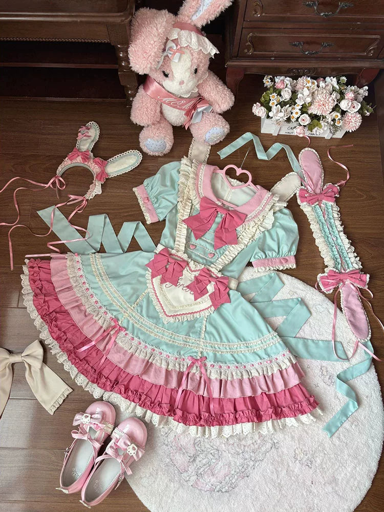 Pastel mint and pink lolita dress variant with matching apron and headpiece