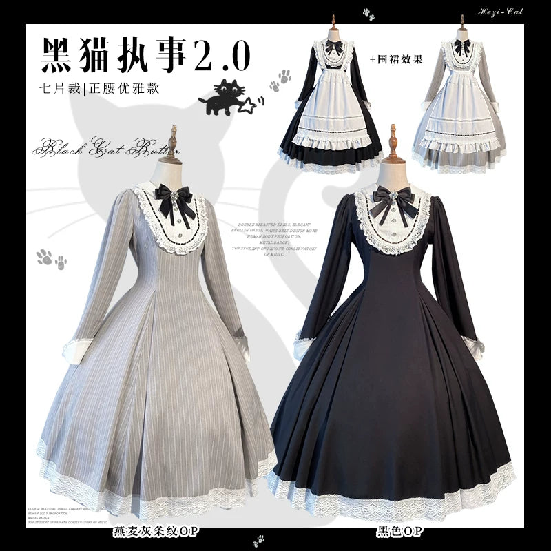 Moon Lily Black Cat Butler 2.0 oatmeal-gray maid Lolita dress with white lace bib and apron on a model