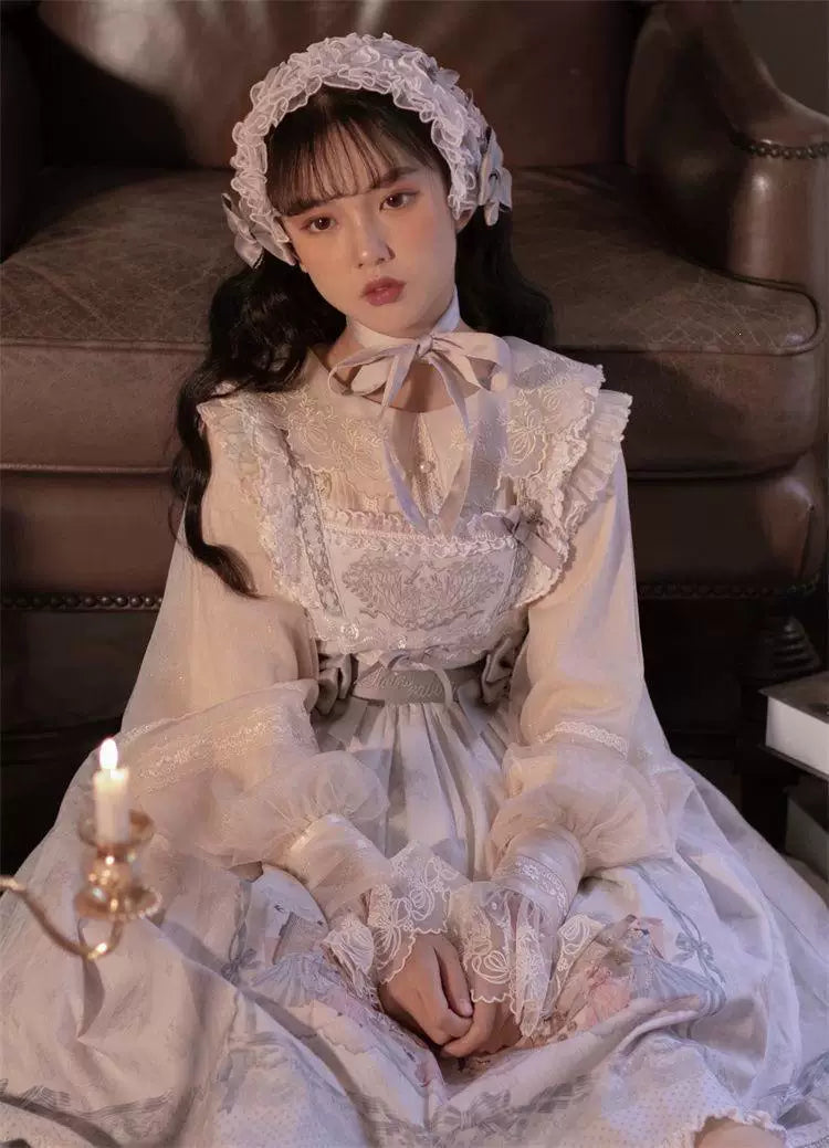 Sweetheart Dream Machine - Starry Cloud Twin Rabbit - Long-Sleeve Lolita Inner Blouse with Floral Lace Collar