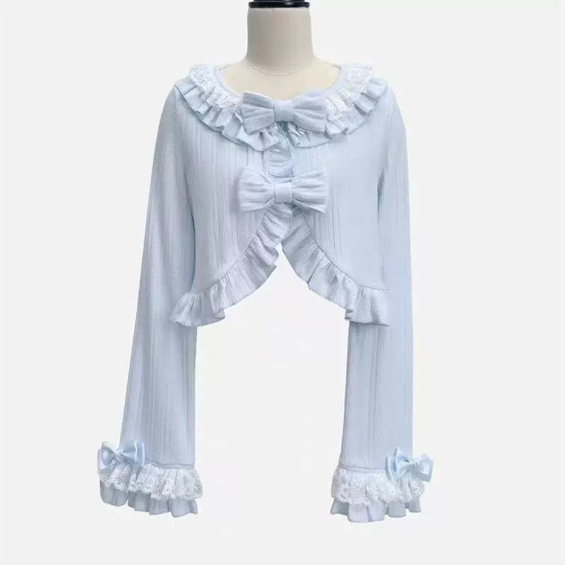 Sweetheart Dream Machine - Ribbon Knit - Knit Cardigan with a Lace Collar and Bows
