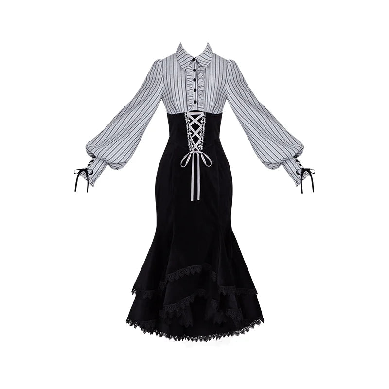 With PUJI - Dusk Moment - Classic Lolita Striped OP & Mermaid Dress Set, Fishbone Waist detail view 8