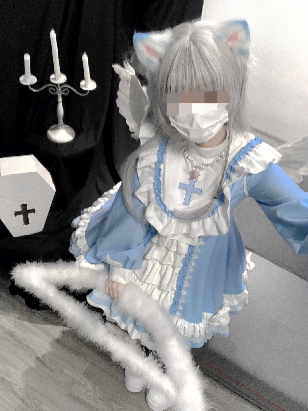 Creamy - Blue Gothic Nun - Blue and White One-Piece Dress with Lace Ruffles