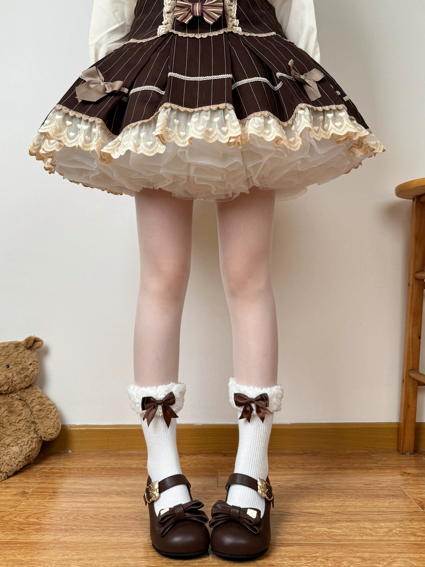 Chubby Bear Tales - Caramel Brown - Mid-Calf Scrunch Socks with Bow and Pom-Pom Details
