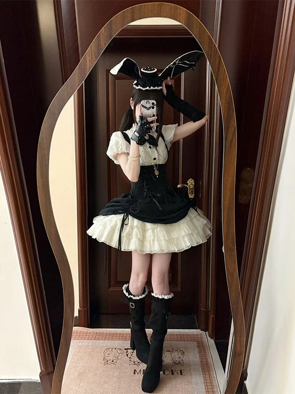 Creamy - Black Bunny - JSK with an ivory ruffled skirt and rabbit-ear hat