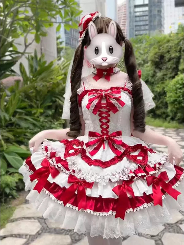 Creamy - Red Sweet Ballet - Lolita Skirt Set with Layered Red-and-White Ruffles