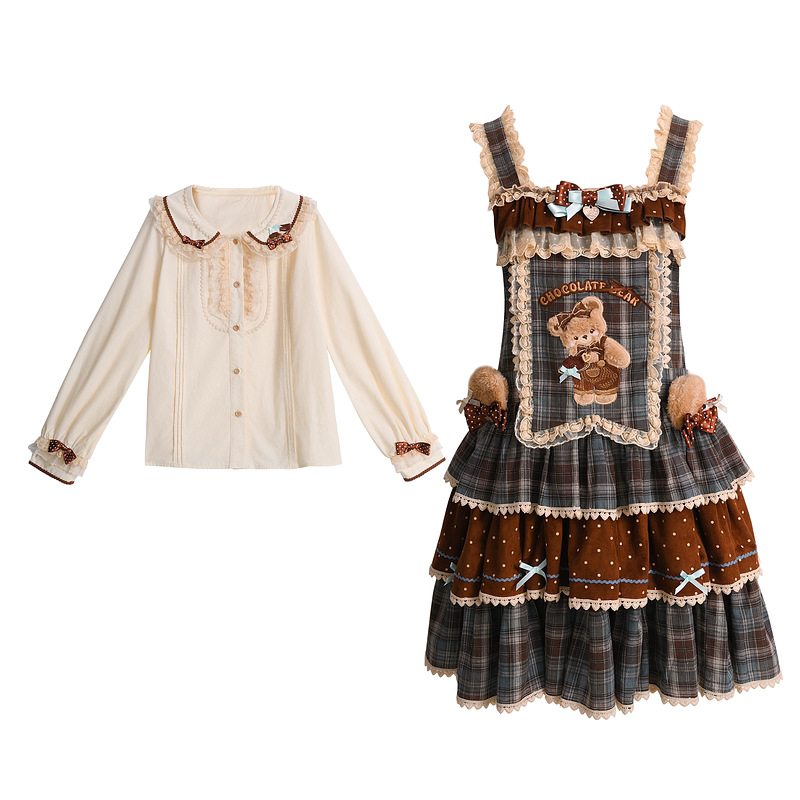Forest Wardrobe Tiered Lolita Pinafore Dress — Blouse + Pinafore Set - M Ready-Stock Option; S/L Supplier Dispatch within 7 Days