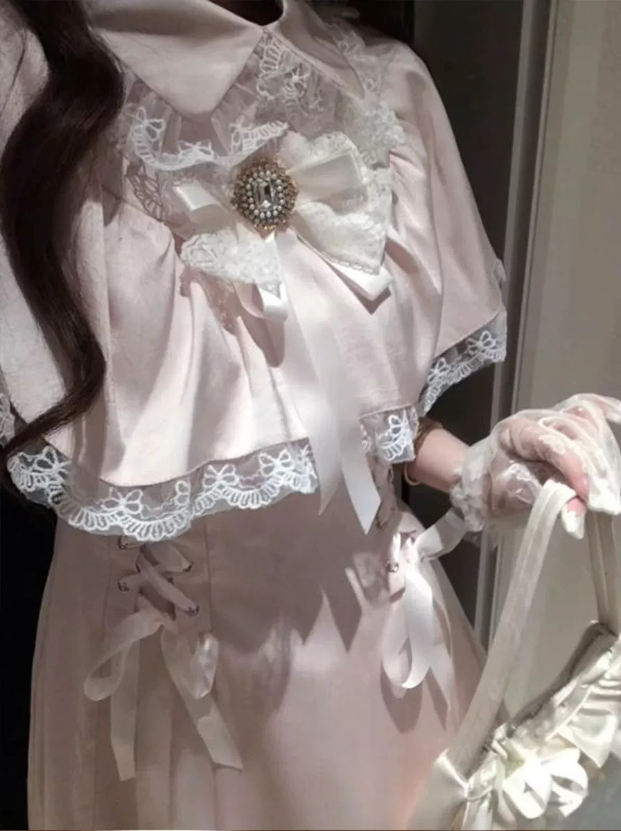 Creamy - Lace Cape Princess - Pink Long One-Piece Dress with Cape Sleeves
