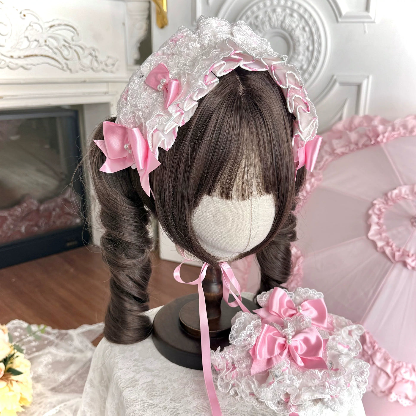 Summer 2026 - Old School Lolita Floral Printed JSK Dress with Ribbon Bows Hairband Only - White (one size / choose M) S