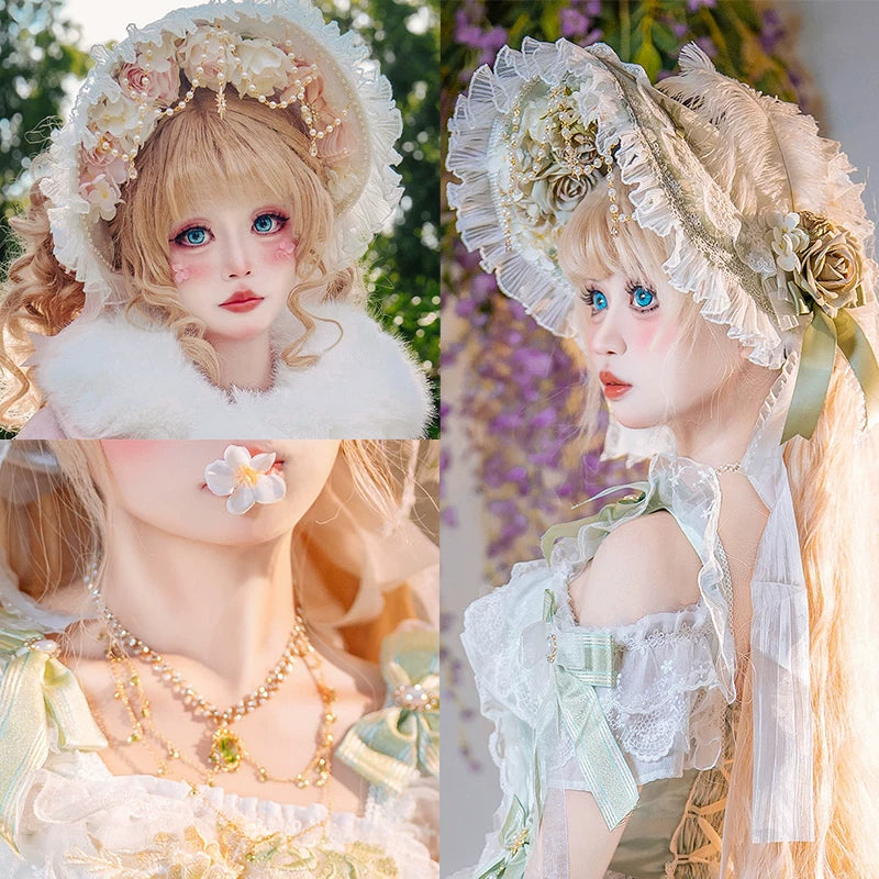 Green wide-brim Lolita bonnet with ruffled lace trim and floral appliqués, Cat Fairy Glass Phantom collection