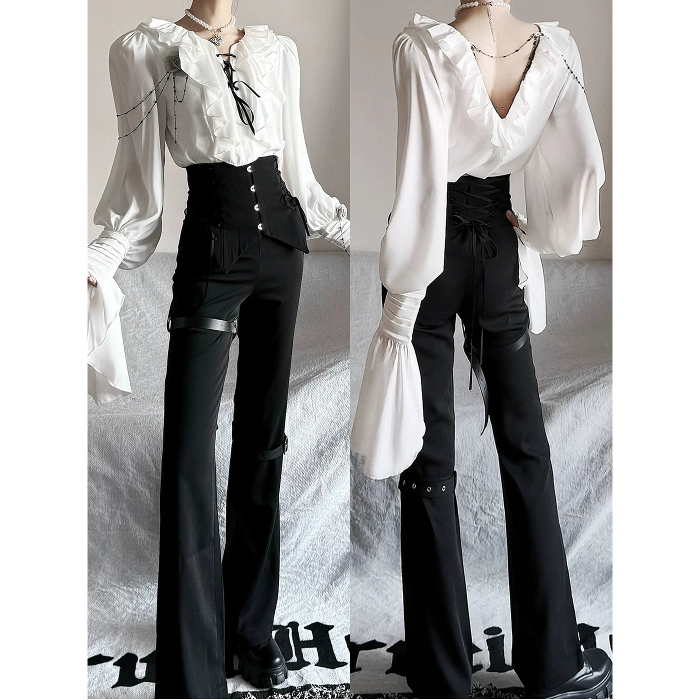 Creamy - Gothic Prince - White Blouse and Black Trousers Set with Ruffles and Straps