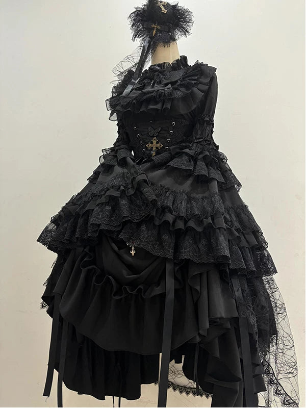 Creamy - Black Gothic Vintage - Black Lolita Fashion Set with Hime Sleeves and Train