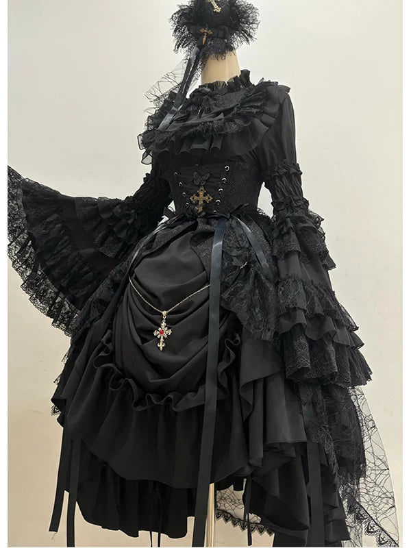 Creamy - Black Gothic Vintage - Black Lolita Fashion Set with Hime Sleeves and Train