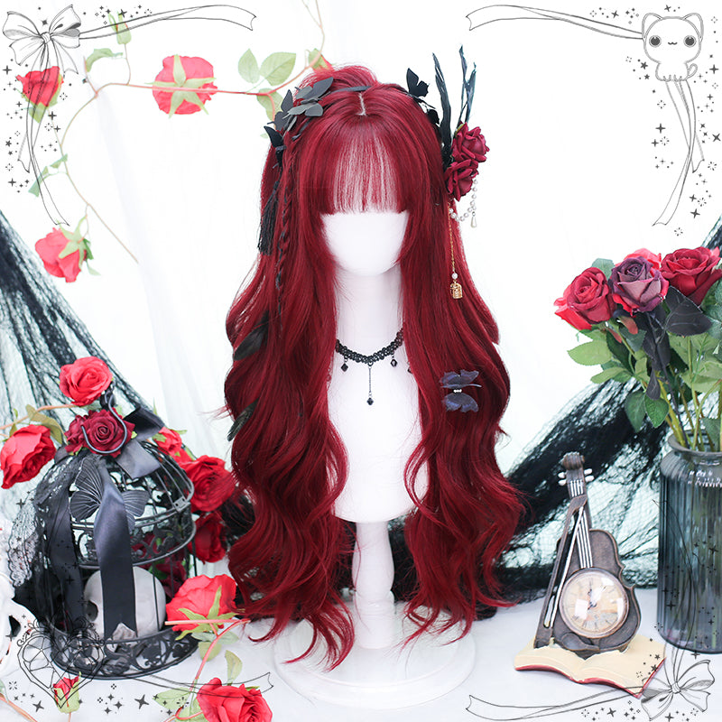 Dalao Home - Burning - Wine-red Long Curly Lolita Wig wine-red wig with hairnet