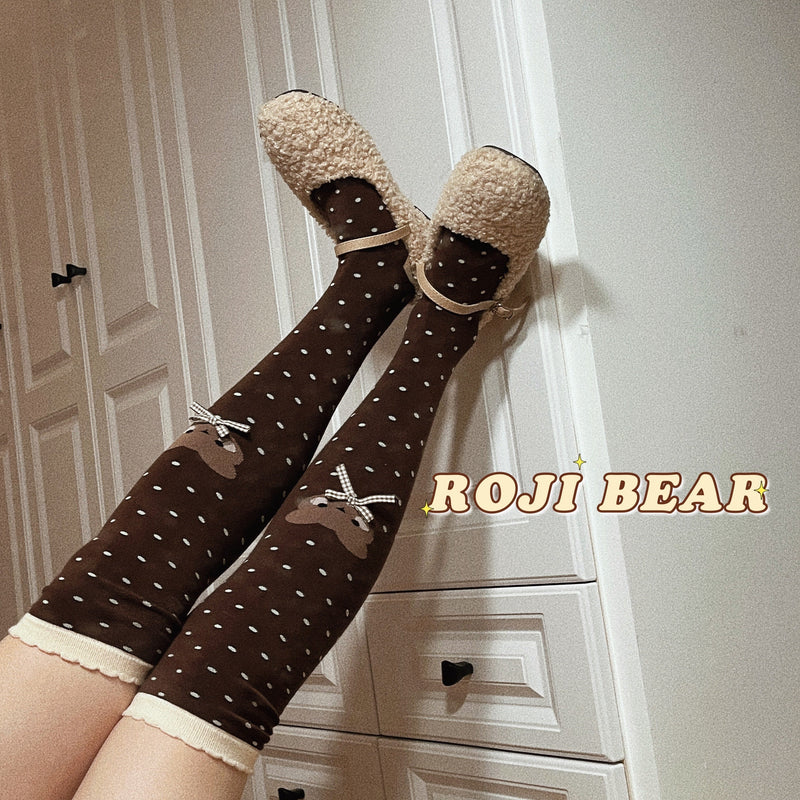 Roji Roji - Bear Dots Bow Cotton Lolita Thigh - Stockings Socks