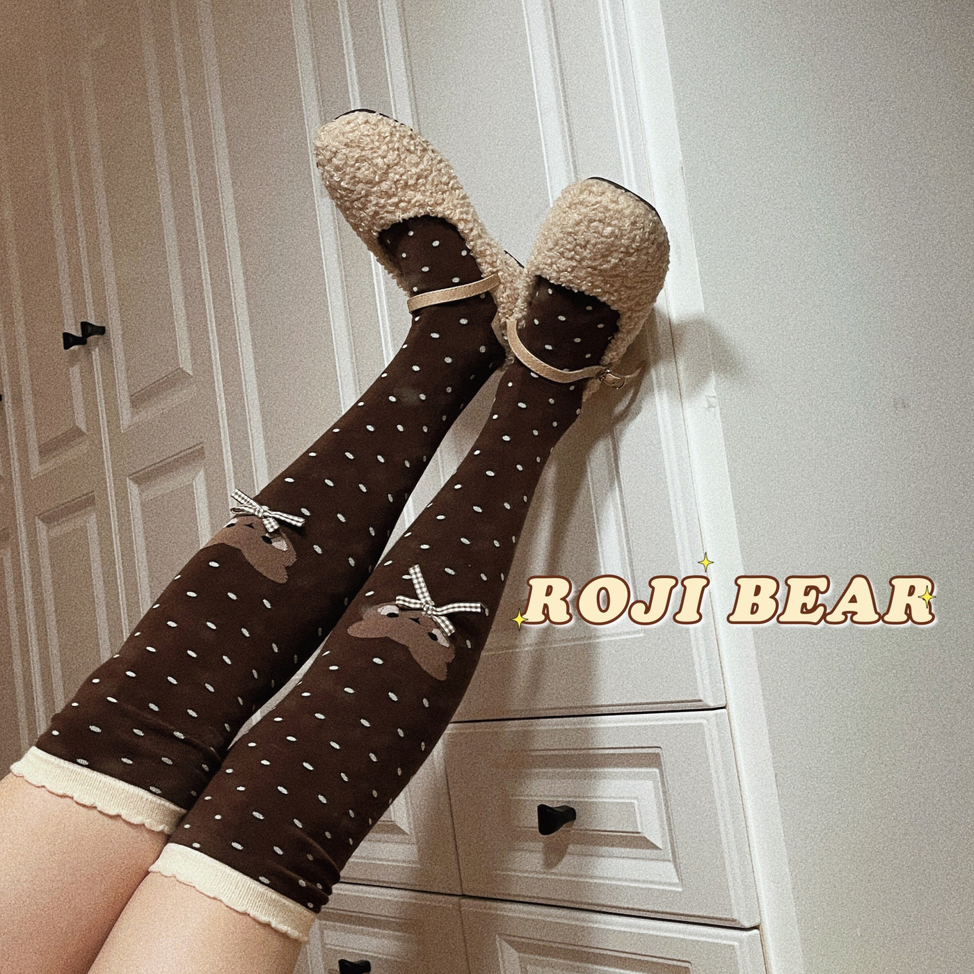 Roji Roji - Bear Dots Bow Cotton Lolita Thigh - Stockings Socks
