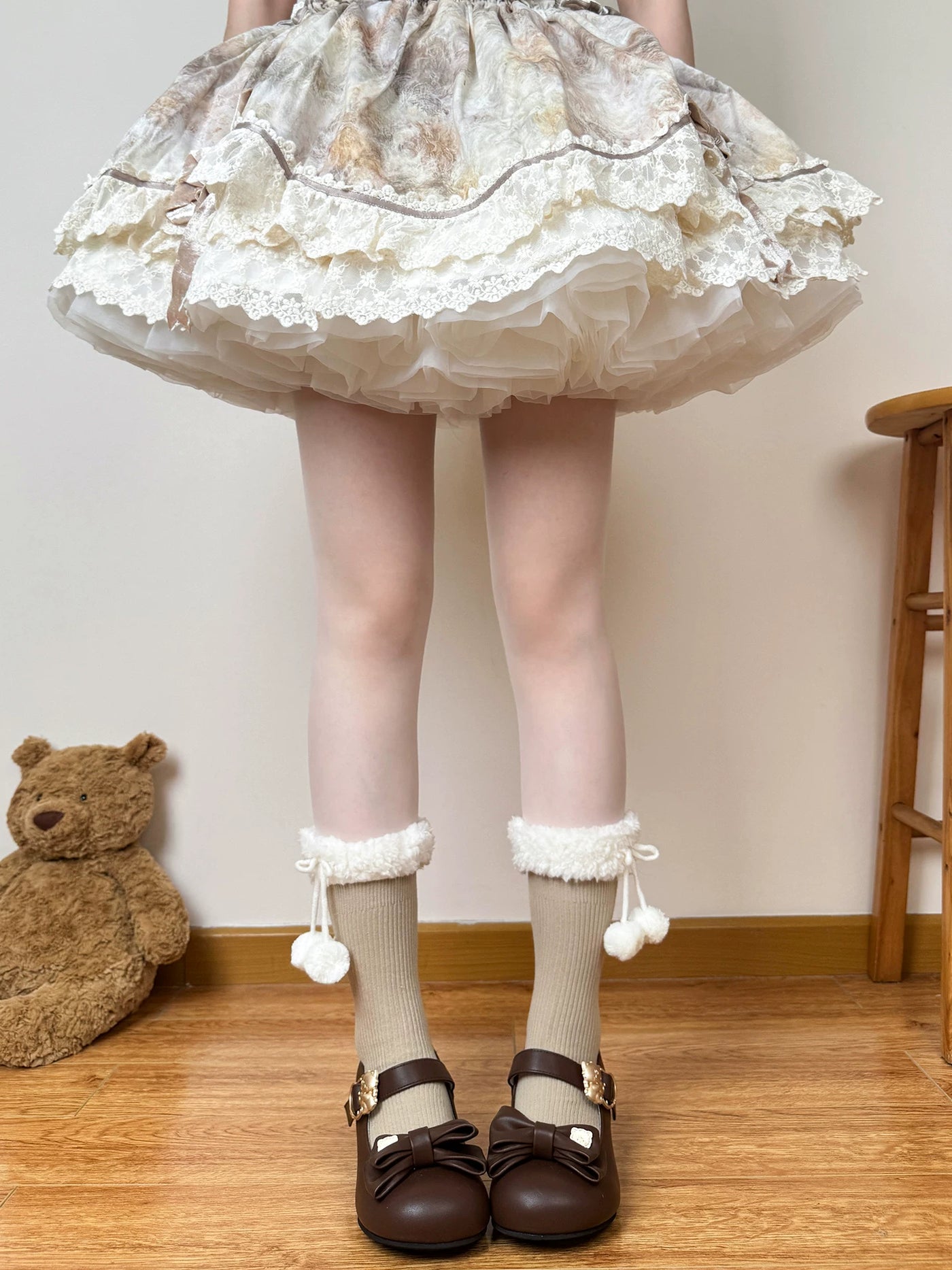 Chubby Bear Tales - Fluffy Winter - Mid-Calf Scrunch Socks with Pom-Pom or Bow Cuffs