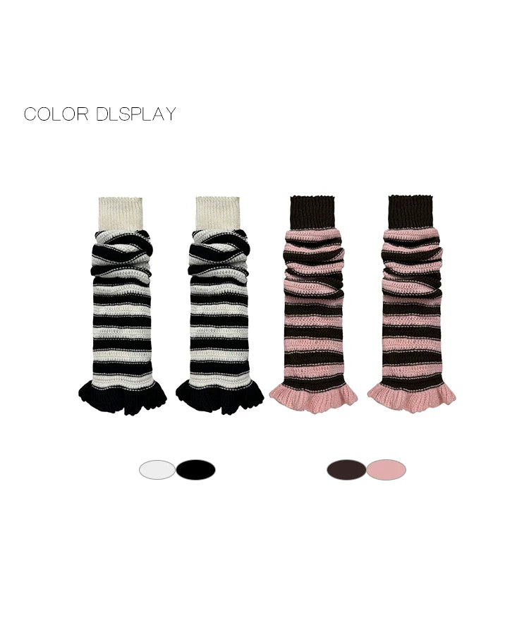 White Socks knit leg warmers in black-and-white and brown-and-pink colourways shown flat
