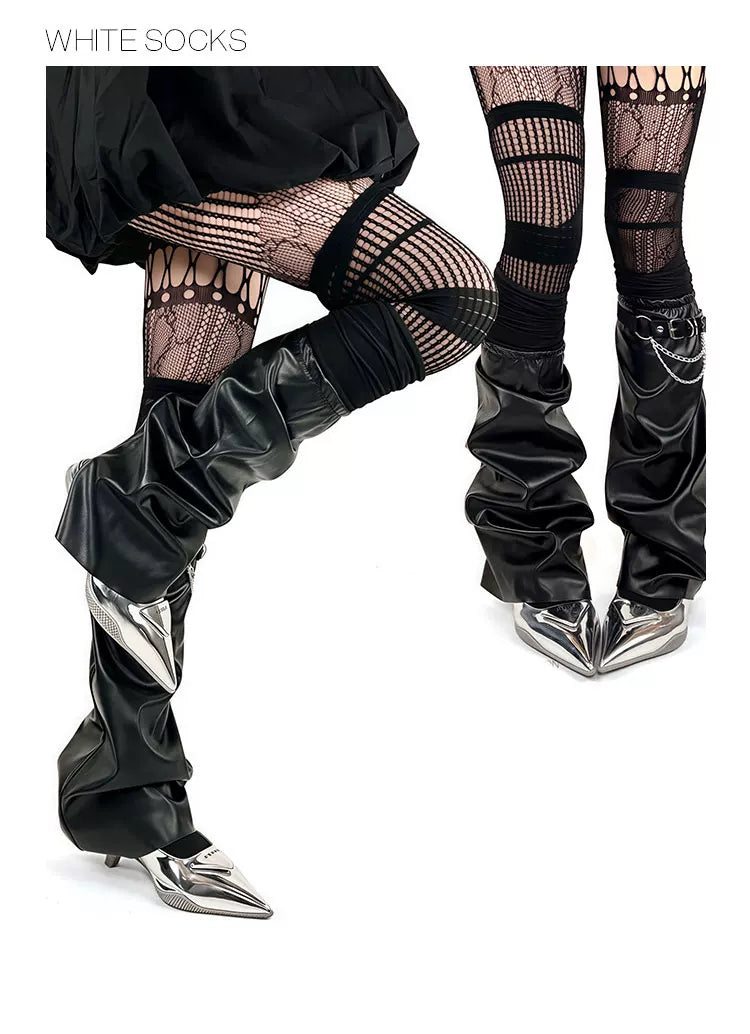 White Socks - Y2K Punk - Over-the-Knee Socks with Flared Leather Leg Sleeves