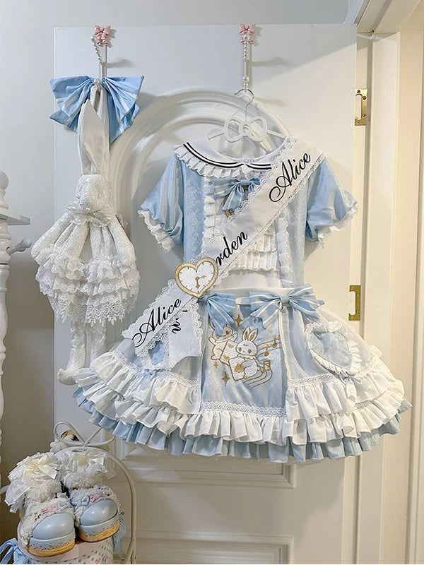 Blue Lolita OP dress with white sailor collar and rabbit embroidery