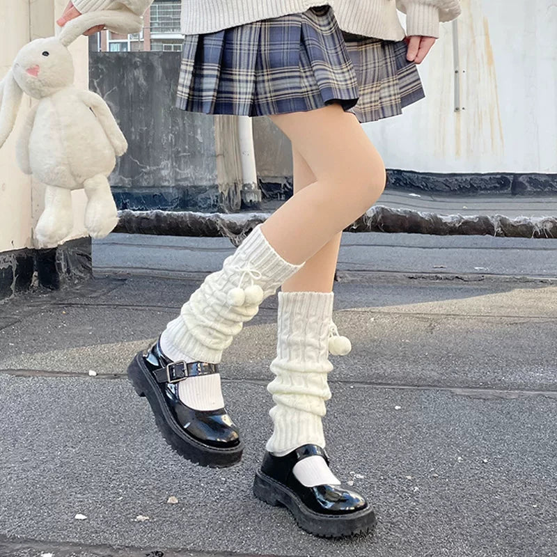 Floral Milk Cat - Pom-Pom Bow - Scrunched Leg Warmers with Bows and Pom-Pom Accents