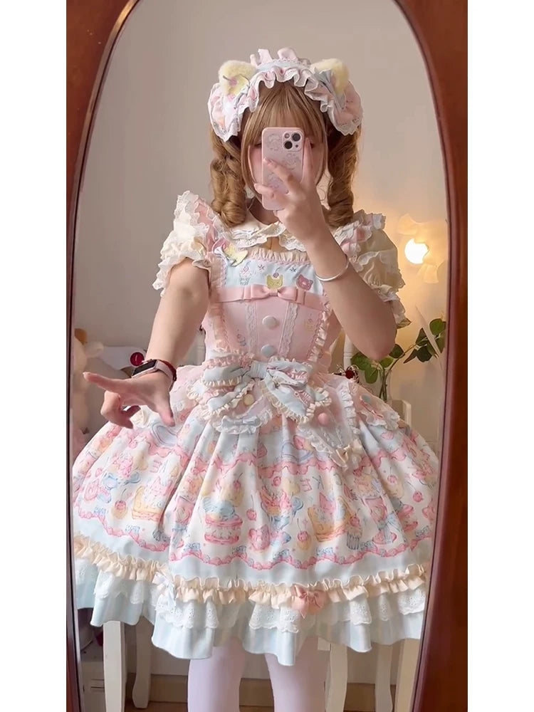 Cream Sweet Lolita OP dress with puffed short sleeves, scalloped lace trim, and large waist bow