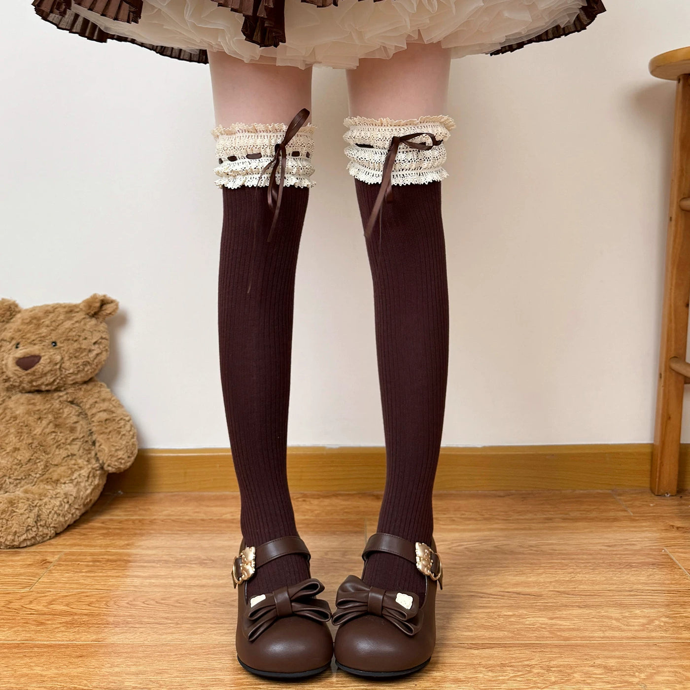 Chubby Bear Tales - Caramel Cocoa - Lace Bow Calf and Over-the-Knee Socks