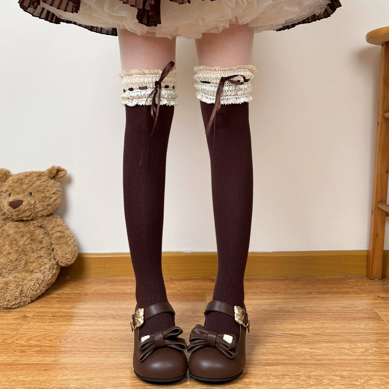 Chubby Bear Tales - Caramel Cocoa - Lace Bow Calf and Over-the-Knee Socks