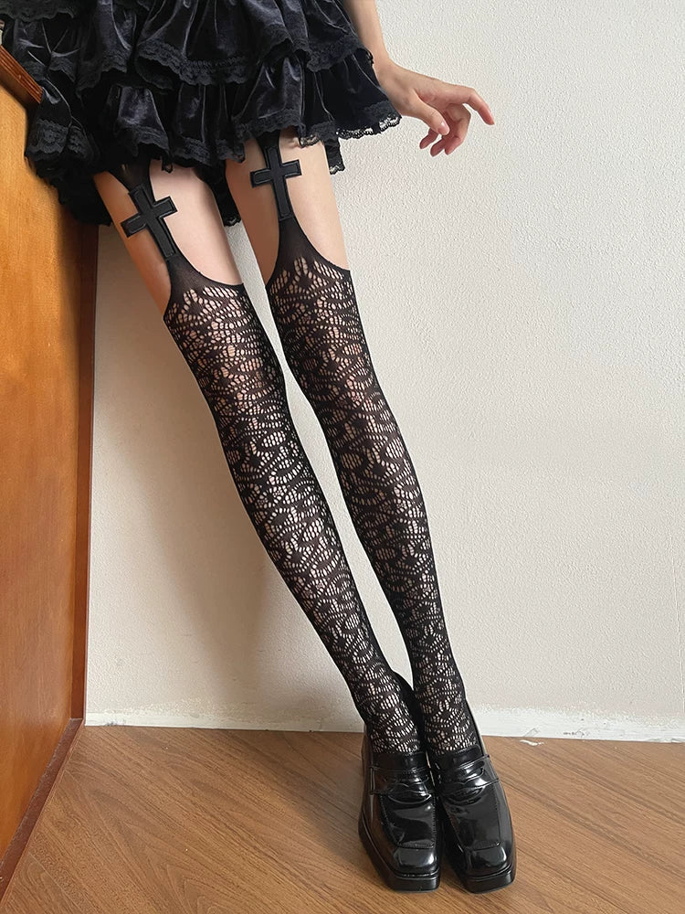 Black lace tights with cross-shaped garter-style panels