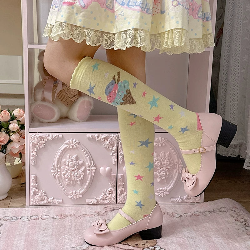 Milky Star Qiaoqiao - Ice Cream Stars - Calf Socks with Ice-Cream Motifs