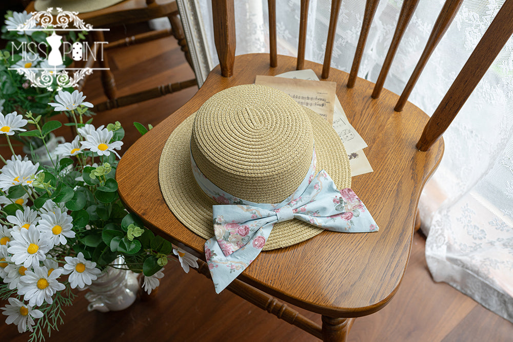 Happy Summer Cute Lolita Hairdband Straw Hat blue floral straw hat